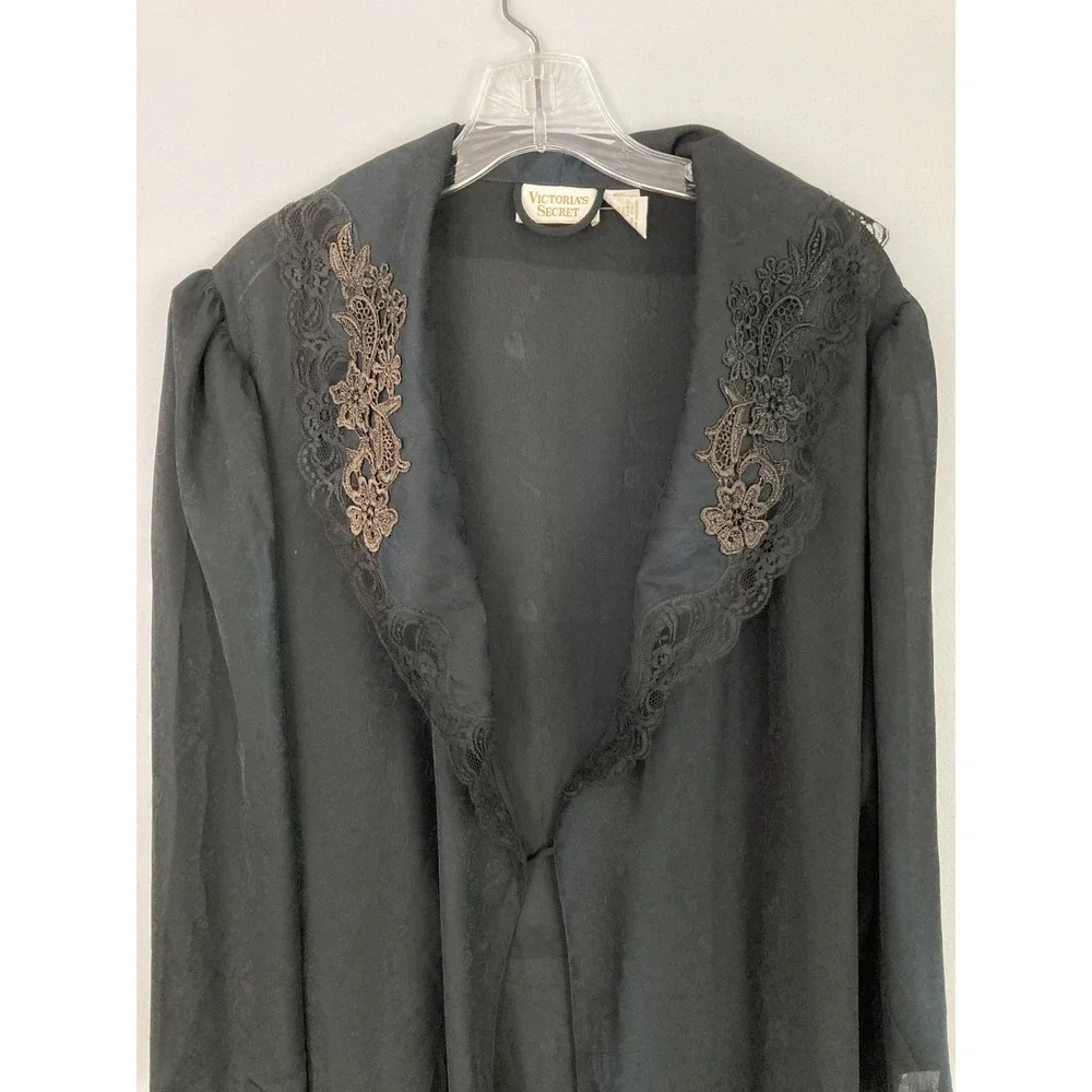 Vtg Victoria's Secret Robe Gold Label Women L Black Chiffon Lace Kimono Floral